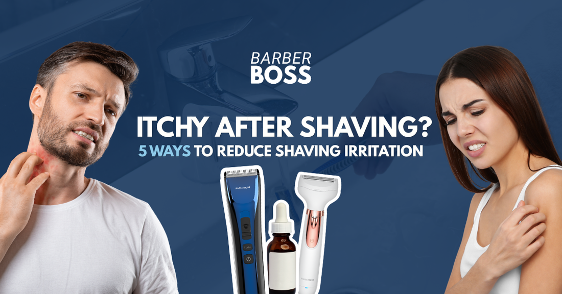 Man and woman experiencing itchy skin after shaving, with tips on five ways to reduce shaving irritation.