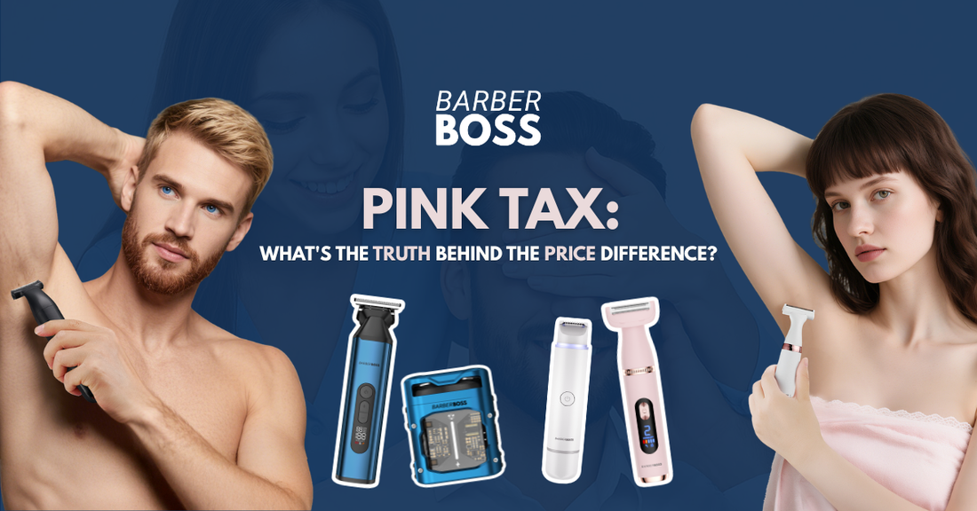 image shows a man and women using different barberboss razors from the mens and womens range, showing that both womens and mens collections from barberboss is the same quality regardless of the gender its marketed for 