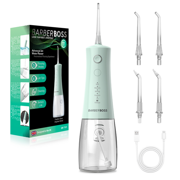 BarberBoss QR-7101 Water Flosser, Cordless Oral Irrigator, Electric Water Flosser for Teeth – 4 Jet Tips, 5 Pressure Modes, IPX8 Waterproof, Portable Dental Flosser for Gum Care - Pastel Green