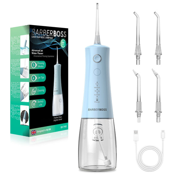 BarberBoss QR-7102 Water Flosser, Cordless Oral Irrigator, Electric Water Flosser for Teeth – 4 Jet Tips, 5 Pressure Modes, IPX8 Waterproof, Portable Dental Flosser for Gum Care, Pastel Blue