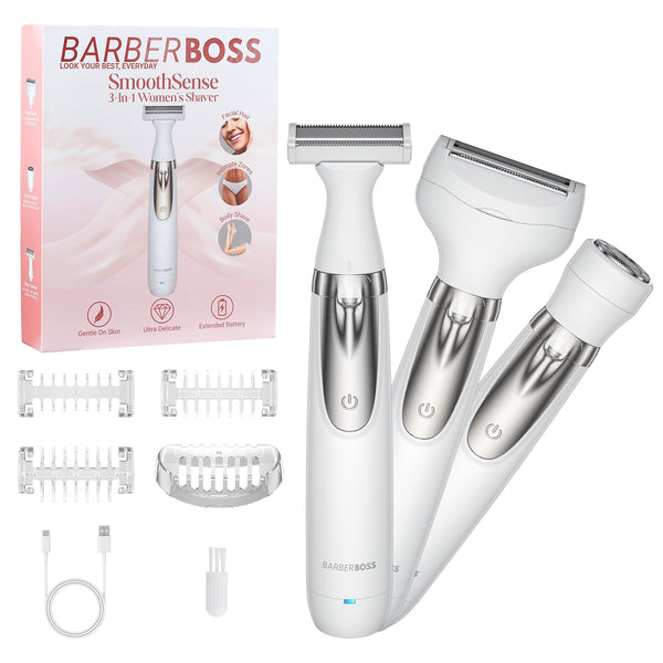 BarberBoss QR-8003 Women’s Electric Shaver, 3-in-1 Portable lady shaver, Body, Bikini, Face womens Groomer, Facial Hair Remover, USB Rechargeable Ladies Groomer
