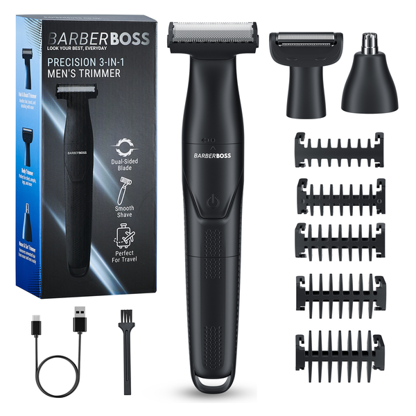 BarberBoss QR-2301 3-in-1 Men’s Precision Trimmer, Beard and Hair Grooming Kit for Men, Body Groomer, Nose & Ear Trimmer, Rechargeable Cordless Shaver with USB Charging