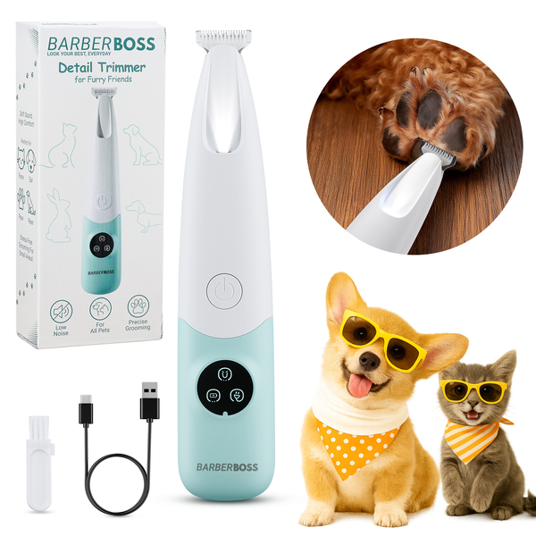 BarberBoss QR-9001 Pet Hair Trimmer, Dog & Cat Grooming Clippers with LED Display, Low Noise Cordless Paw Trimmer, USB Rechargeable, Pet’s Detail Trimmer for Face, Paws, Ears & Body