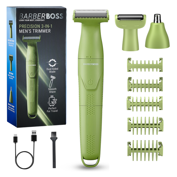 BarberBoss QR-2302 Men’s Detail Trimmer, 3-in-1 Grooming Set for Men, Beard, Hair Groomer, Body Groomer, Nose & Ear Trimmer, Cordless Shaver with USB Charging