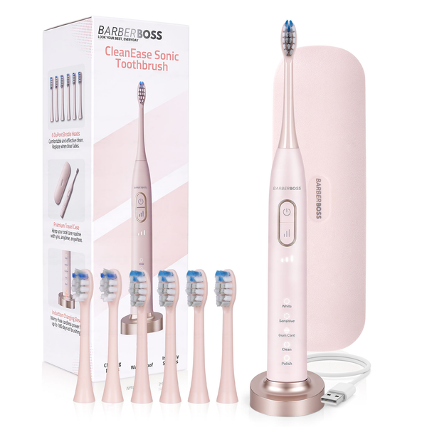 BarberBoss QR-7303 Sonic Electric Toothbrush for Adults, Pink Rechargeable Toothbrush with USB Charging Base, 5 Cleaning Modes × 3 Intensities, 2-Minute Smart Timer, 6 Brush Heads