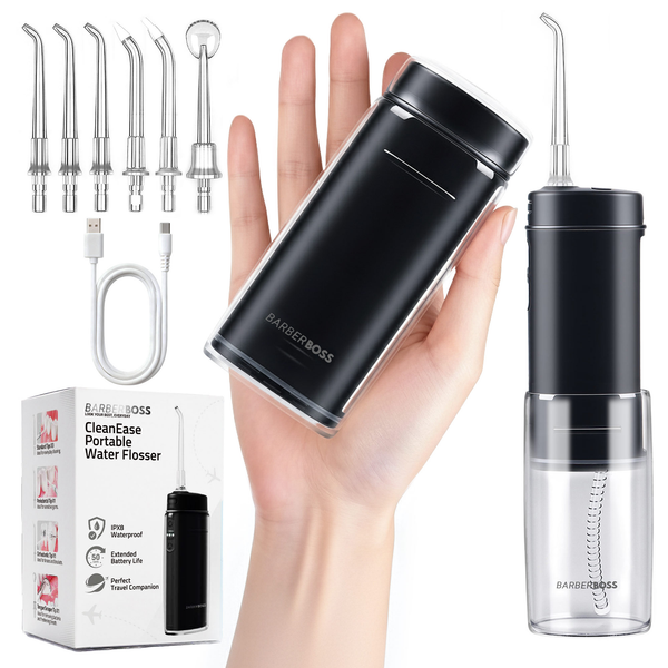 BarberBoss QR-7112 Portable Water Flosser, Cordless Oral Irrigator for Travel, 3 Pressure Levels, 6 Tips, IPX8 Telescopic Water Tank, USB-C Rechargeable Pocket Flosser - Black