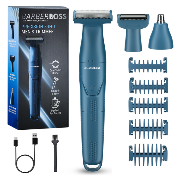 BarberBoss QR-2303 3-in-1 Men’s Shaver, Grooming Kit for Beard, Hair, Nose, Ear & Body, Precision Trimmer for Men, Cordless Shaver with USB Charging