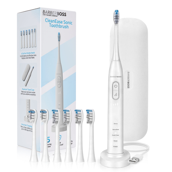 BarberBoss QR-7301 Electric Toothbrush, 5 Modes × 3 Intensities, Pressure Sensor, 2-Minute Timer, 6 Brush Heads (4 Standard, 2 Mini), Travel Case, USB Charging Toothbrush for Adults