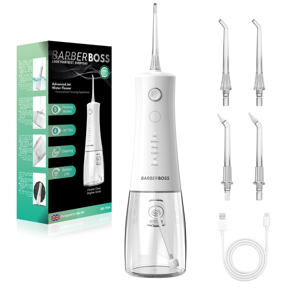BarberBoss QR-7104 Advanced Water Flosser, 5 Pressure Modes and 340ml Large Tank, IPX8 Waterproof Oral Irrigator, 4 Jet Tips & Travel Lock, Water Flosser for Teeth & Gums, Portable Flosser - White