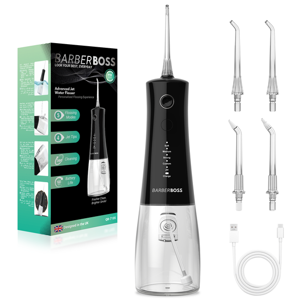BarberBoss QR-7105 Cordless Water Flosser, Oral Irrigator with 4 Jet Tips and 5 Pressure Modes, Professional Teeth & Gum Cleaner, 340 ml Water Tank and IPX8 Waterproof - Black