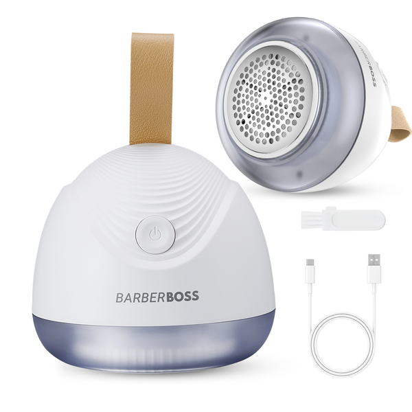 BarberBoss QR-3101 Electric Lint Remover, Rechargeable Fuzz remover for Clothes, Powerful Blade System & Transparent Wool Container, 90-Minute Cordless Fabric Shaver - White