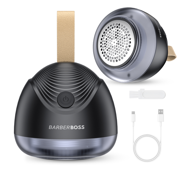 BarberBoss QR-3102 Fabric Shaver, Cordless Rechargeable Lint Remover for Clothes & Furniture, 90-Minute Runtime,  Fuzz remover with Clear Lint Container and Dual-Blade System - Black