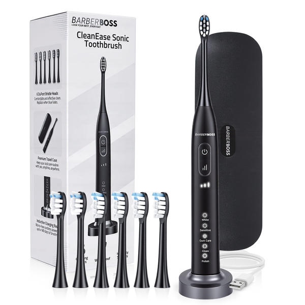BarberBoss QR-7302 Sonic Electric Toothbrush, Black Rechargeable Toothbrush for Adults, 5 Modes × 3 Intensities, 2-Minute Timer, 6 Brush Heads + Travel Case, Up to 180-Day Use
