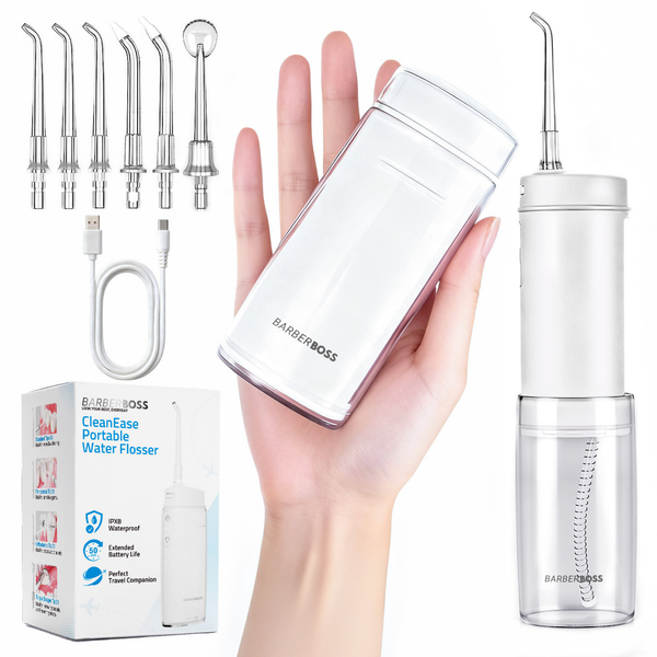 BarberBoss QR-7111 Travel Water Flosser, Cordless Oral Irrigator, 3 Pressure Modes, 6 Nozzle Tips (3*Standard, Orthodontic, Periodontal, Tongue Cleaner), Telescopic Tank, 50-Day Battery - White