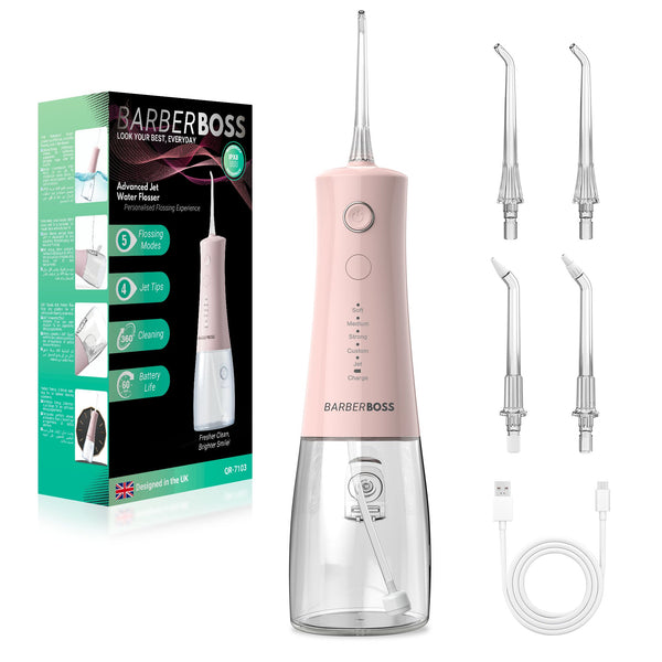 BarberBoss QR-7103 Water Flosser, Cordless Oral Irrigator, Electric Water Flosser for Teeth – 4 Jet Tips, 5 Pressure Modes, IPX8 Waterproof, Portable Dental Flosser for Gum Care - Pastel Pink