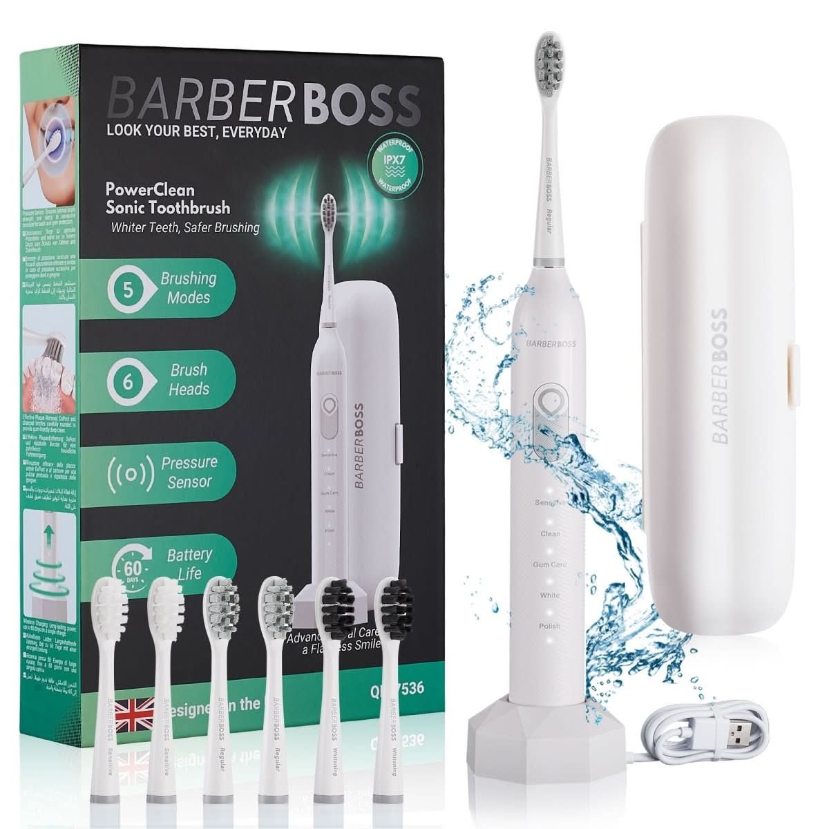 BarberBoss QR - 7536 Sonic Electric Toothbrush, PowerClean Sonic Toothbrush for Whitening, Plaque Removal - BarberBoss | Look Your Best, Everyday