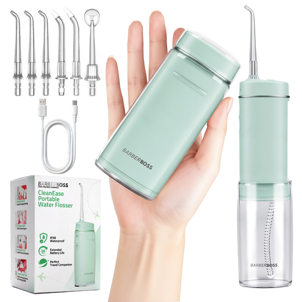 BarberBoss QR-7115 Travel Water Flosser, Pocket Flosser with 3 Pressure Settings, 6 Tips (3 Standard, Orthodontic, Periodontal, Tongue Cleaner), Portable Cordless Oral Irrigator - Green