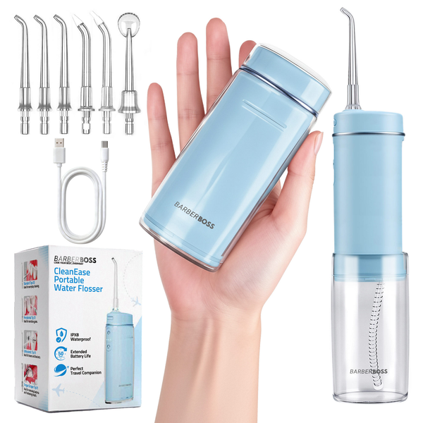 BarberBoss QR-7114 Travel Water Flosser, 6 Nozzle Tips, Cordless Oral Irrigator, USB-C Rechargeable and 3 Pressure Modes, Compact Design Water Flosser, Pocket Jet Flosser - Blue