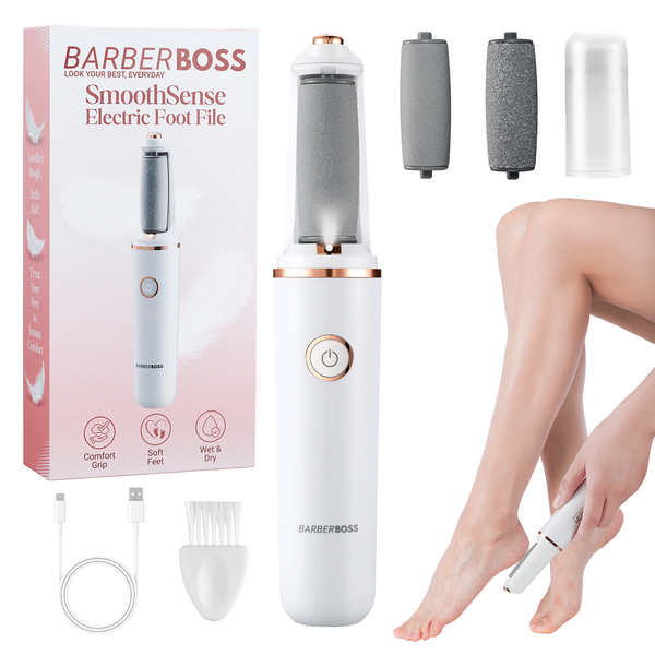 BarberBoss QR-5101 Electric Foot File, Callus Remover for Feet, Rechargeable Pedicure Kit, Fine & Coarse Roller Heads, USB Charging, Portable Hard Skin Feet Callus Remover