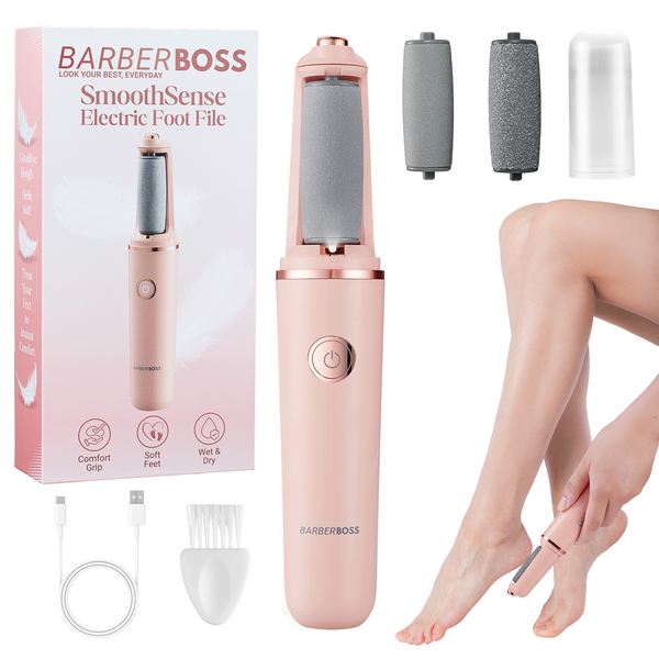 BarberBoss QR-5102 Electric Callus Remover for Feet, Portable Foot File, Rechargeable Hard Skin Remover with Fine & Coarse Roller Heads, Waterproof Pedicure Tool with Travel Lock & USB Charging